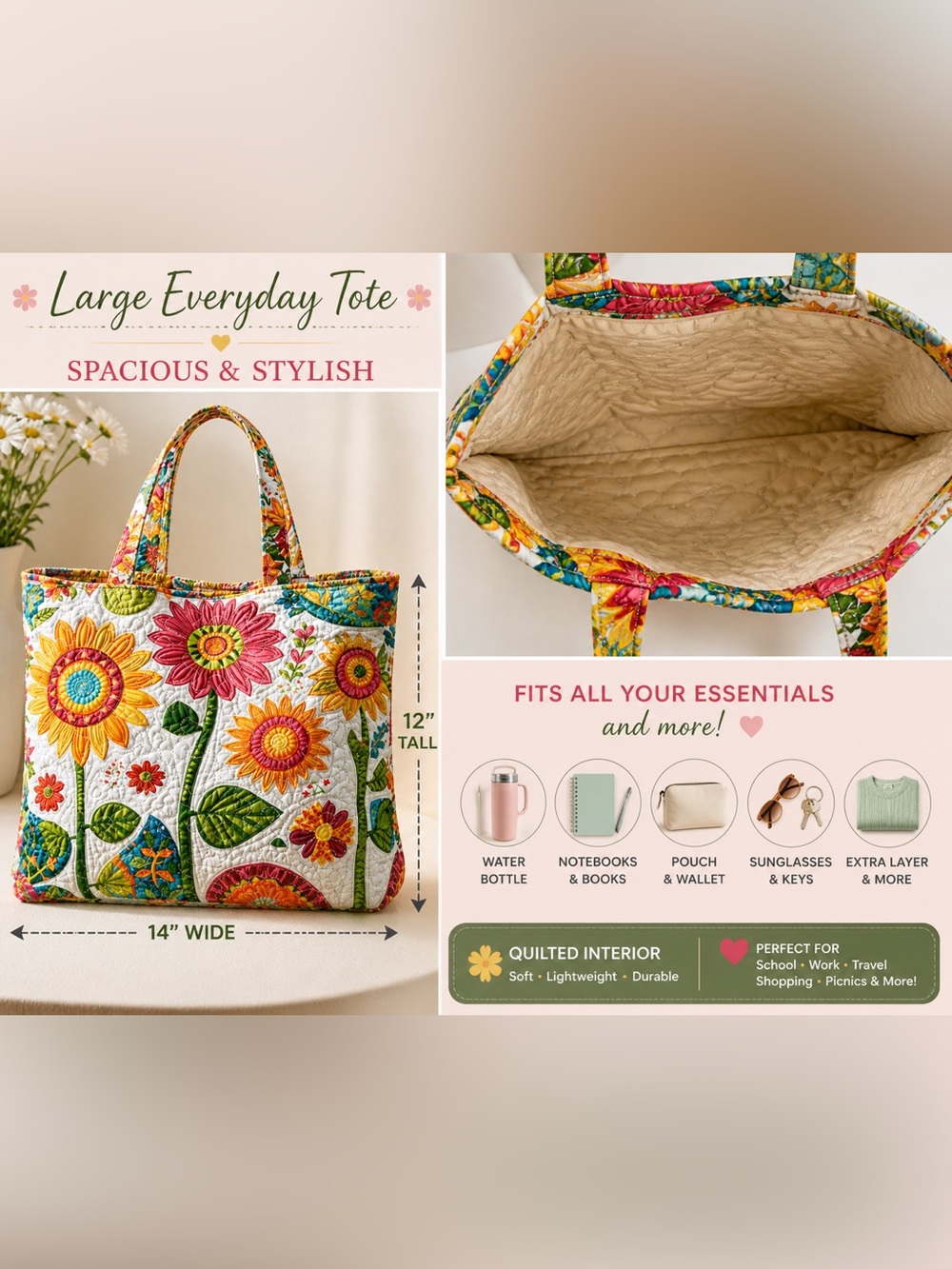 Colorful Quilted Floral Tote Bag Large Lightweight Everyday Carryall teacher bag - Picture 2 of 4